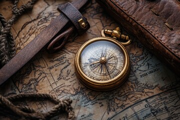 Antique compass, rope, leather case and old world map.