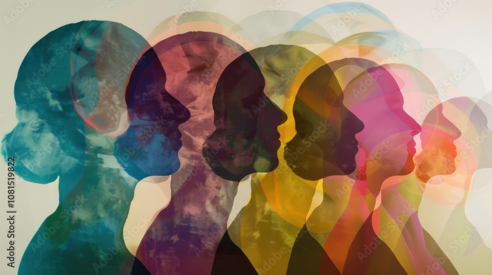Poster a spectrum of voices, with overlapping circles in gradient shades, symbolizing inclusiveness and rep