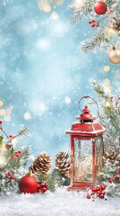 A festive Christmas background featuring a charming lantern surrounded by snow and delightful decorations, set against a backdrop of shimmering blue bokeh lights, perfect for a holiday card or banner 