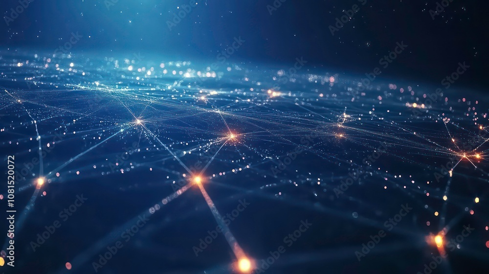 Poster abstract digital network with glowing lines and nodes, representing connectivity and data flow.