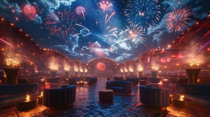 A festive outdoor setting with a nighttime sky filled with colorful fireworks.