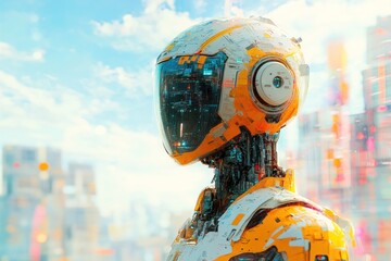 A futuristic robot with a yellow and white helmet looks out over a city skyline.