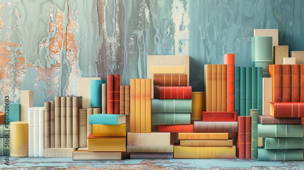 Poster a striking depiction of a diverse library, with books of various sizes and colors stacked together o