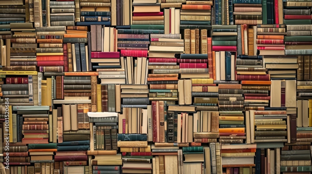 Poster a striking depiction of a diverse library, with books of various sizes and colors stacked together o