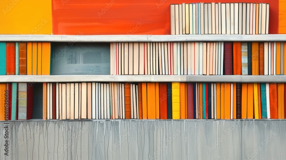 Poster A striking depiction of a diverse library, with books of various sizes and colors stacked together on a single shelf, Highlighting the importance of varied perspectives and knowledge sources