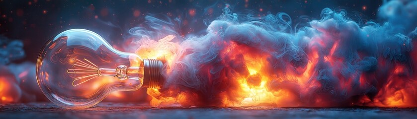 Fototapeta premium Explore the beauty of a detailed glass lightbulb filled with swirling colorful smoke and light effects