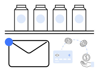 Envelope with dot at corner, coin and card payment representation, four milk cartons on shelf. Ideal for e-commerce, online payments, grocery shopping, retail, mail services, digital transactions
