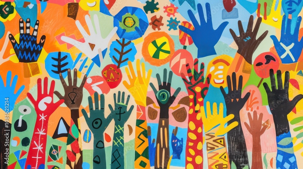 Poster A striking image of a diverse array of hands painting a large mural with different cultural symbols, creating a vibrant and inclusive artwork