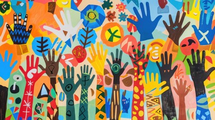 A striking image of a diverse array of hands painting a large mural with different cultural symbols, creating a vibrant and inclusive artwork