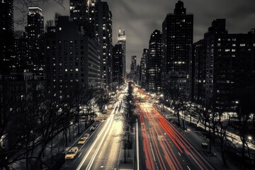 Obraz premium Cityscape of New York with street lights and traffic at night.