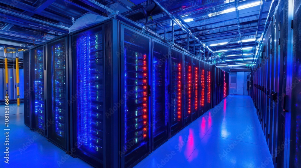 Poster rows of servers in a data center with blue and red lights.
