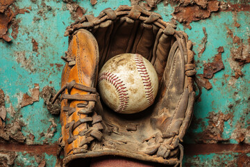 1970s sports. A weathered baseball glove cradles a used baseball against a backdrop of rusted metal, showcasing the charm of aging sports equipment.