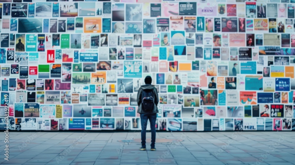 Poster a striking image of a lone person standing before a vast wall of advertisements, representing the ov