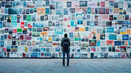 A striking image of a lone person standing before a vast wall of advertisements, representing the overwhelming influence of consumerism and media saturation, Symbolizing the pressure of materialism