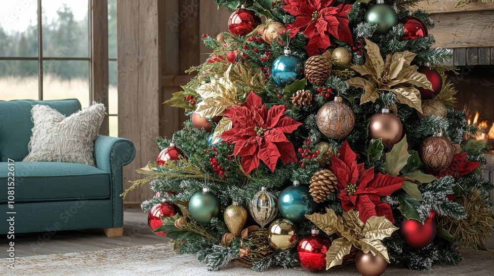Poster create a stunning christmas atmosphere with a large tree adorned in shiny and matte ornaments
