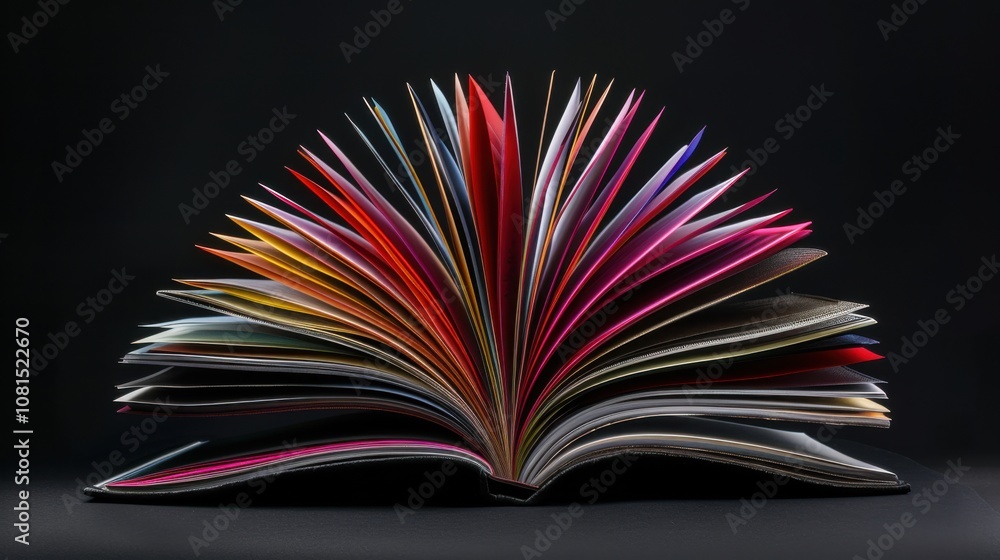 Poster A striking image of an open book with pages of different colors and textures fanned out, Representing the depth and richness of knowledge that comes from diverse sources and perspectives