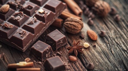 Dark chocolate pieces with nuts and spices on rustic table