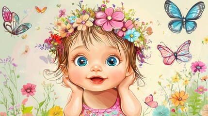 Cute cartoon baby girl in a flower crown, surrounded by colorful butterflies and flowers