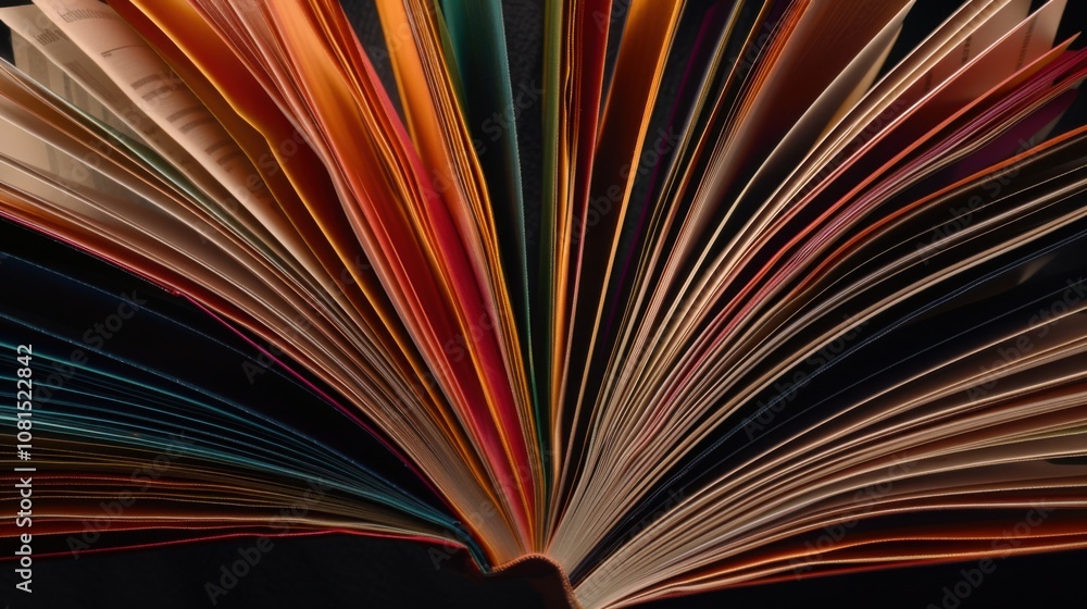 Poster A striking image of an open book with pages of different colors and textures fanned out, Representing the depth and richness of knowledge that comes from diverse sources and perspectives