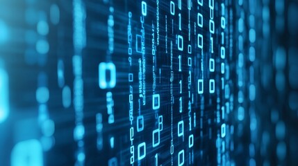 Abstract visualization of digital security: cascading streams of binary code form protective barriers. Glowing number sequences pulse with energy, suggesting the constant flow of data. Cool blue