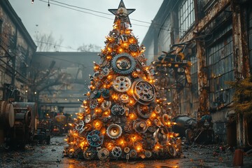 Obraz premium Decorate your home with a stunning metal christmas tree featuring unique industrial design elements