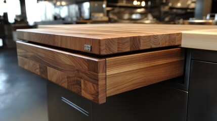 Closeup of wooden drawer in modern kitchen.