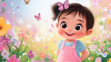 Fototapeta premium Smiling cartoon baby girl in pink overalls, with a background of butterflies and flowers