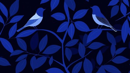 elegant birds perch among stylized leaves, rendered in deep indigo hues minimalist linework creates dreamlike quality negative space suggests moonlight filtering through foliage enchanting balance of