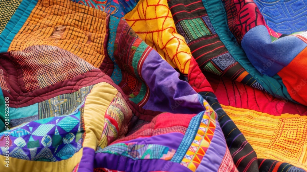 Poster A striking scene of a colorful quilt made from various fabrics and patterns, draped over a community gathering, Symbolizing the warmth and unity created from diverse backgrounds