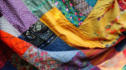 A striking scene of a colorful quilt made from various fabrics and patterns, draped over a community gathering, Symbolizing the warmth and unity created from diverse backgrounds
