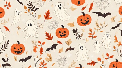 Obraz premium hand-sketched ghosts dance with grinning pumpkins, weaving between delicate spiderwebs and swirling autumn leaves vintage-inspired color palette adds eerie charm seamless pattern creates mesmerizing,