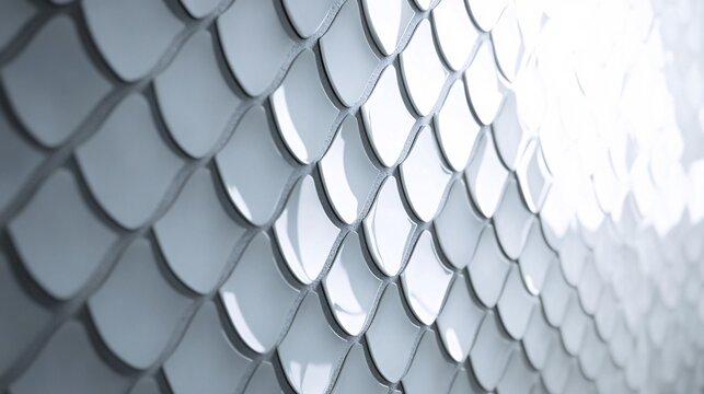 gleaming fish scale mosaic tiles tessellate across a curved wall each semi-glossy block reflects light uniquely, creating an illusion of depth concrete texture adds industrial edge to this sci-fi