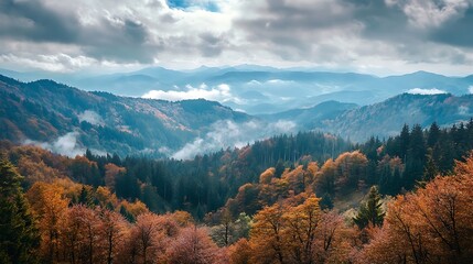 Autumn Mountain Landscape with Clouds and Fog