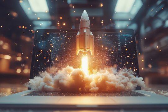 Rocket launching from laptop screen creates a dynamic cloud of smoke and fire