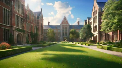A picturesque college campus with elegant buildings and a manicured lawn under a blue sky.