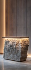 47. A modern podium with a stone top, under soft ambient lighting, offering ample space for a product.