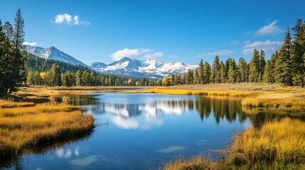 Fototapeta premium Peaceful Mountain Lake Landscape with Snowy Peaks, Blue Sky, and Trees