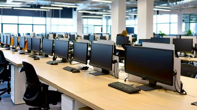 A modern office workspace with rows of computers and a bright, open environment.