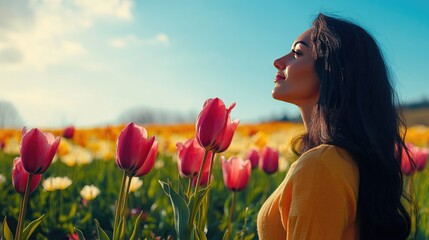 Naklejka premium Woman Enjoying Nature Among Tulips in a Sunlit Field