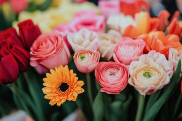 Fototapeta premium Colorful bouquet of tulips, ranunculus, and a single gerbera daisy.