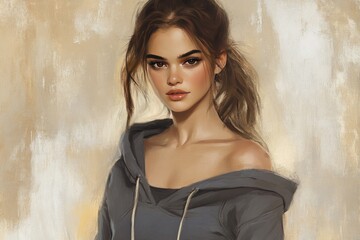Fototapeta premium Digital Portrait of a Woman with Casual Hoodie in Warm Tones