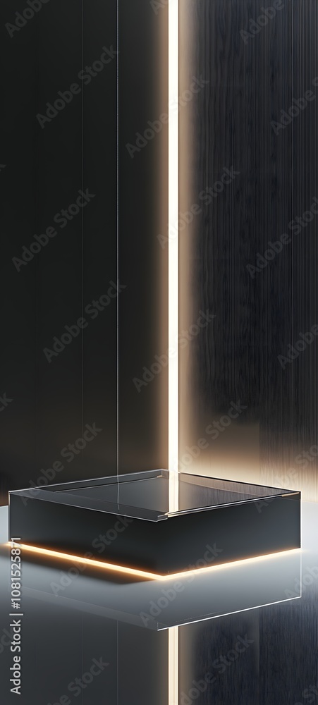 Poster 28. a modern transparent podium with a reflective surface, softly lit from below, creating space for