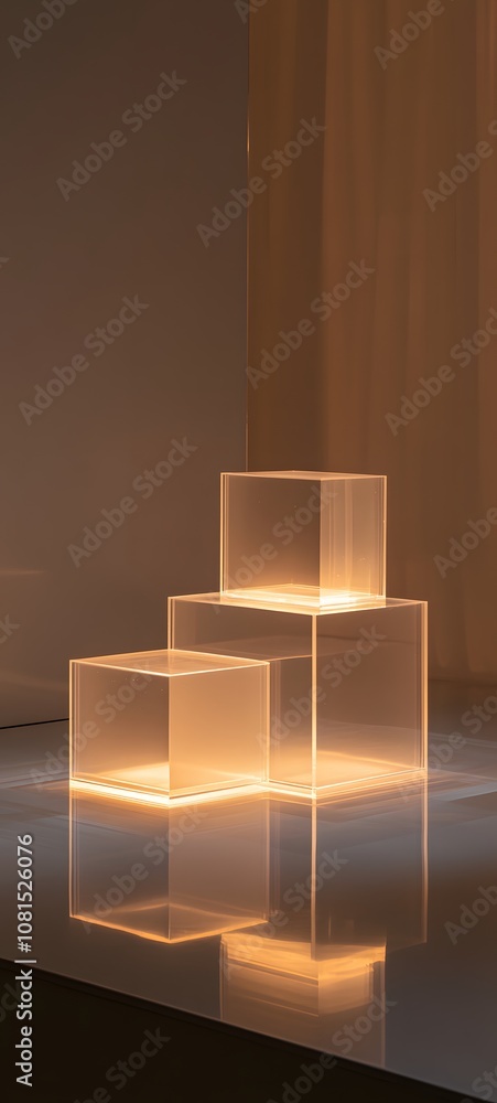 Poster 28. a modern transparent podium with a reflective surface, softly lit from below, creating space for