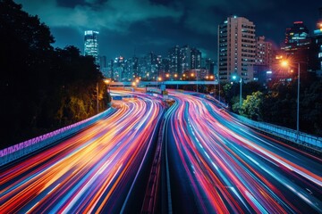 Colorful light trails of cars driving on a highway at night in front of a city skyline.