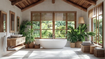 Fototapeta premium Stylish Eco-Friendly Bathroom with Lush Greenery and Natural Light