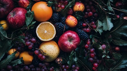 Assortment of fresh fruits and berries on leafy background