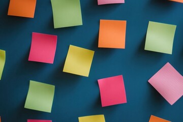 Colorful sticky notes scattered on a blue background.