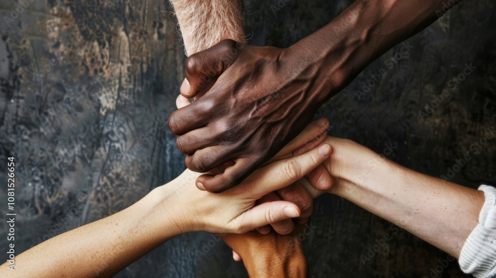 Poster a symbolic image of hands of different races clasped together in unity, representing racial harmony,