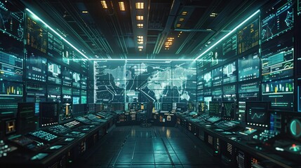 Futuristic control room with multiple monitors displaying data and a world map.