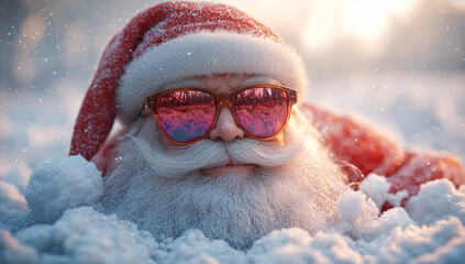 A whimsical Santa Claus figure in stylish sunglasses, half-buried in snow, perfect for Christmas greeting cards and holiday-themed digital designs.